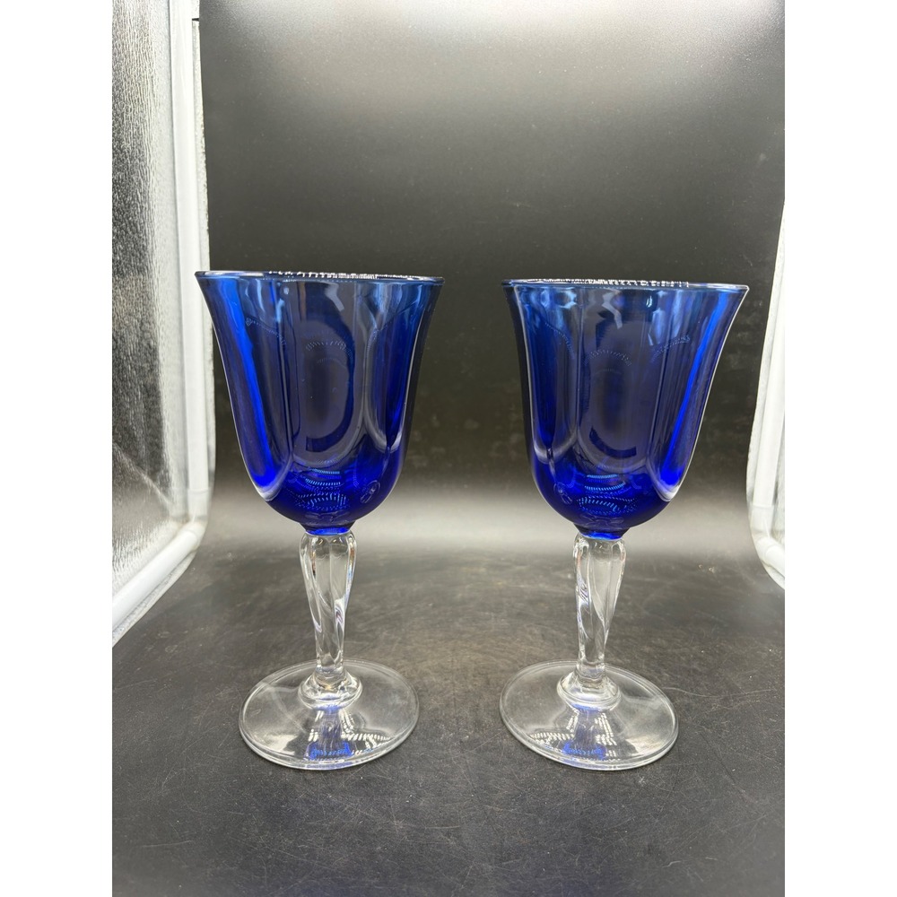 Vintage Cobalt Blue Wine Goblets Clear Twisted Stem Optic Panel Glass Set of 2